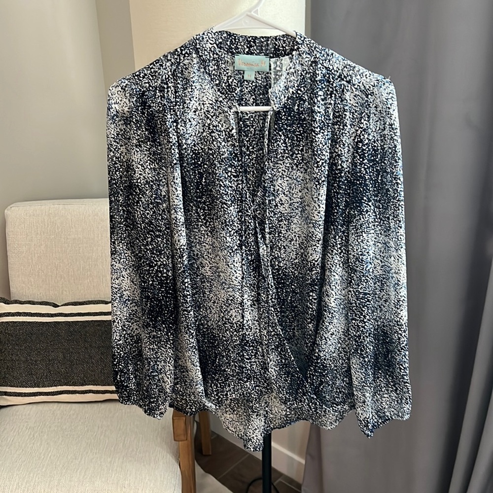 VERONICA M | navy, blue and white longe sleeve drape front blouse
